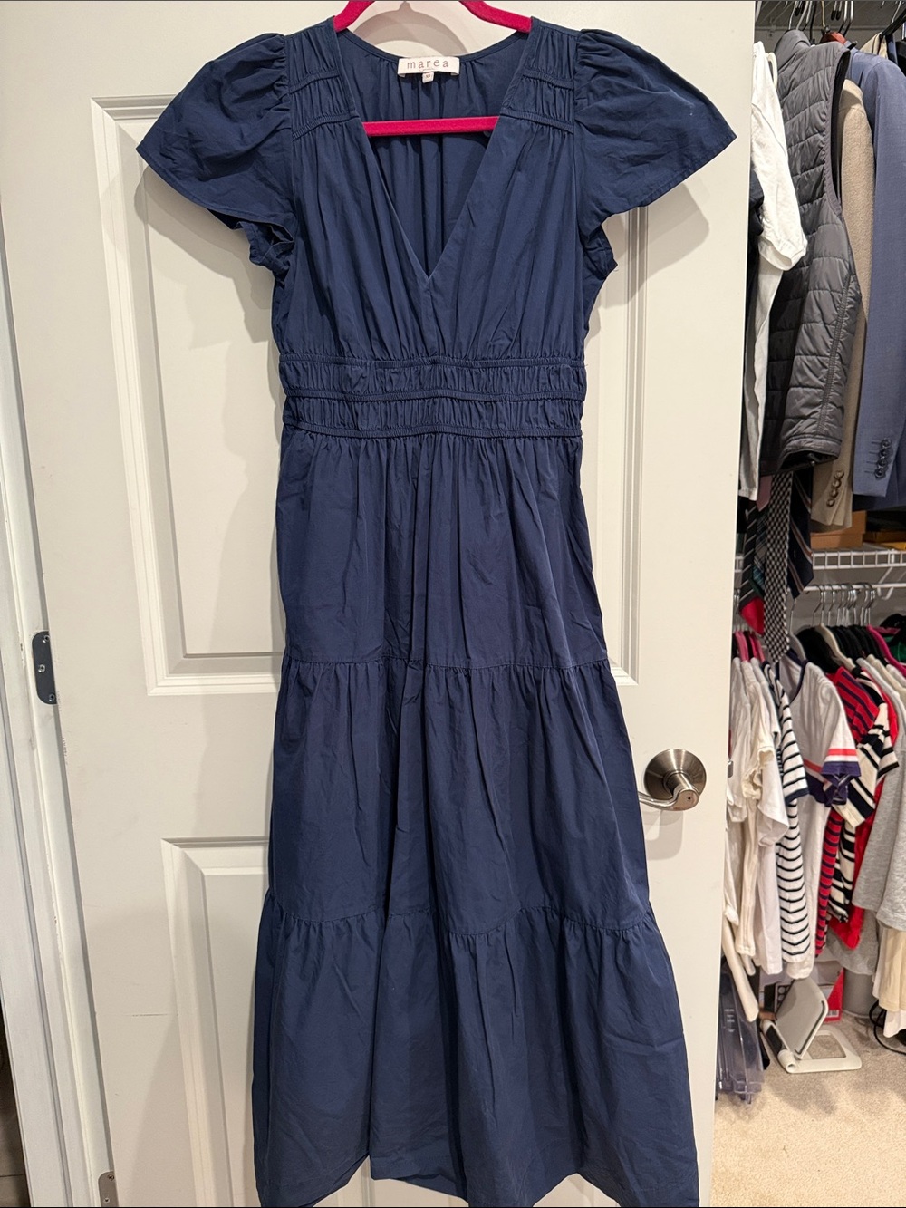 Marea Annabelle Navy V-Neck Tiered Maxi Dress Size XS